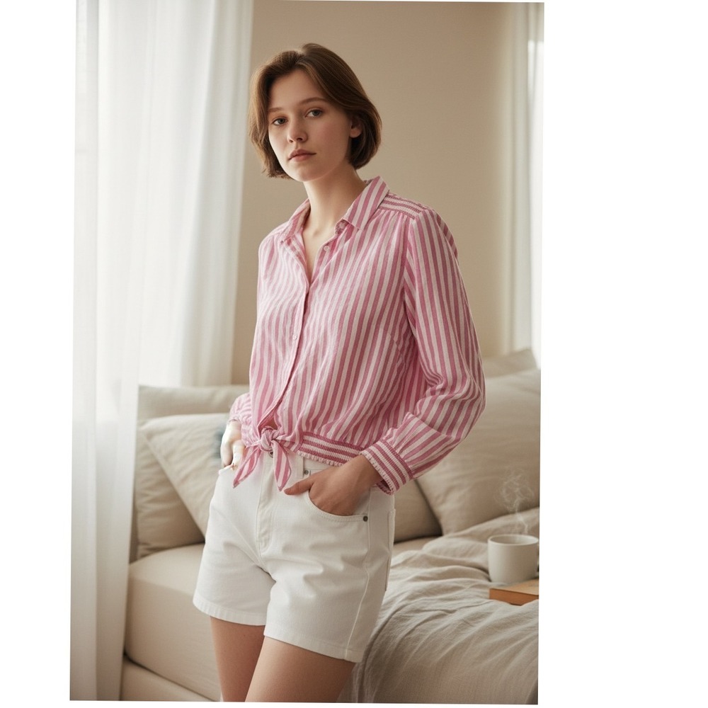 BEACH LUNCH LOUNGE Striped Tie-Front Button-Down Lounge Top Lightweight Size‎ L